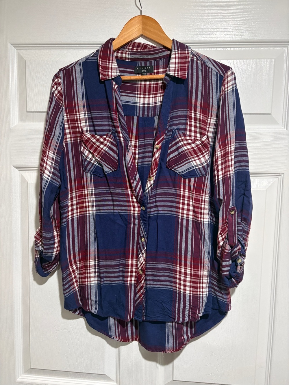 TINSEL Button-Front Plaid Blouse